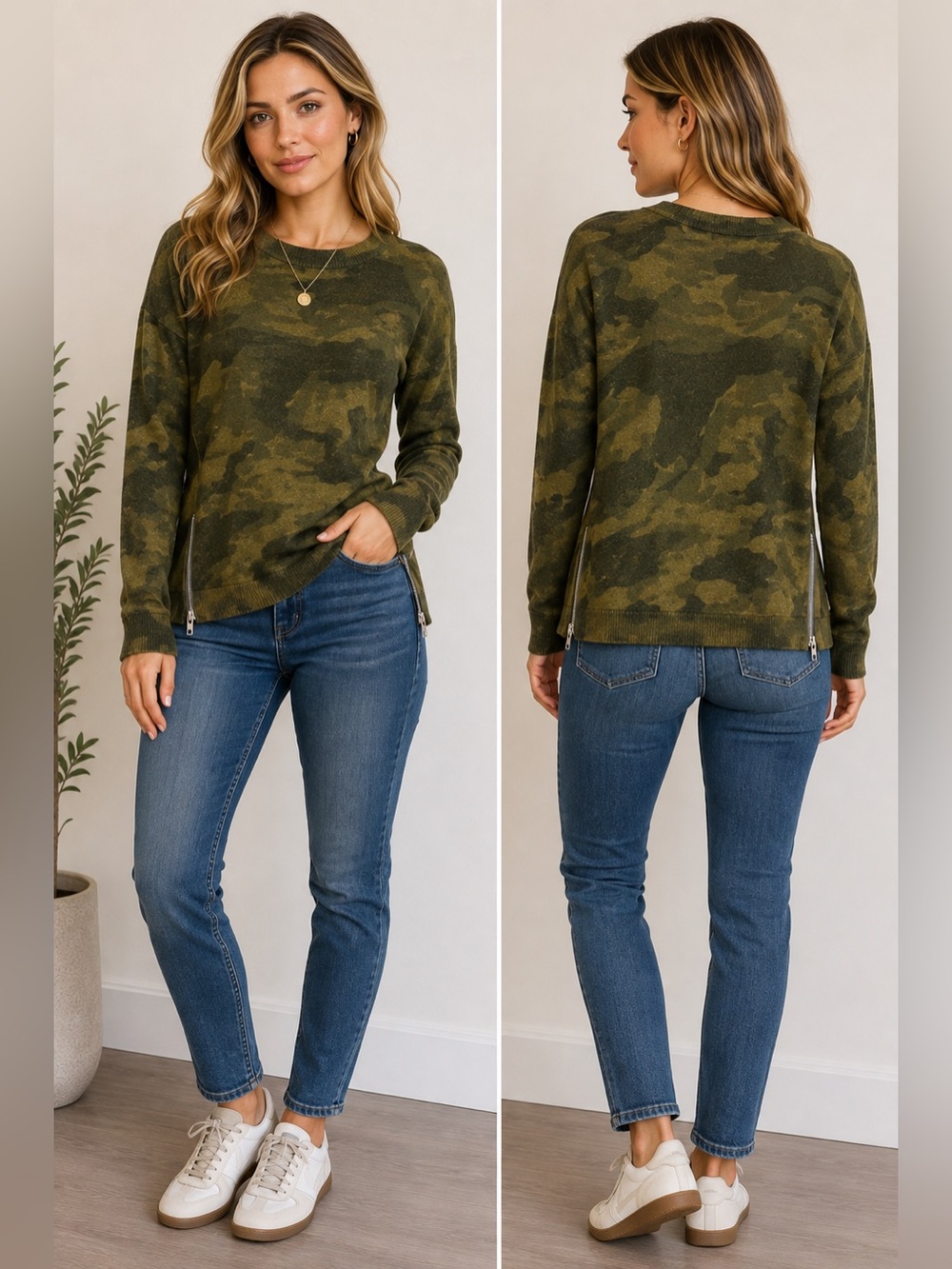 Olivaceous Olive Camo Zip-Hem Crewneck Sweater Wool Blend S